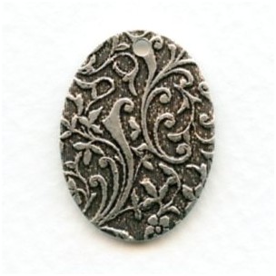 Floral Patterned Oval Drops Oxidized Silver 24mm (6)