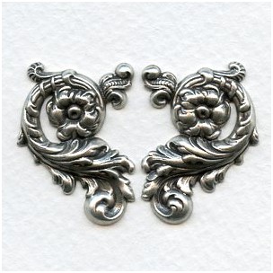 Ornate Floral Right and Left Flourishes Oxidized Silver