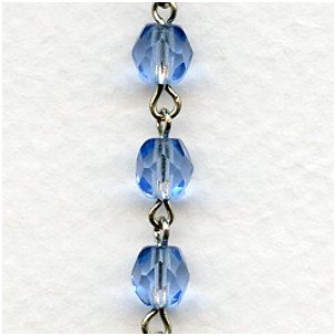 ^Light Sapphire 6mm Faceted Beads Rosary Chain Silver Linkage (1 ft)