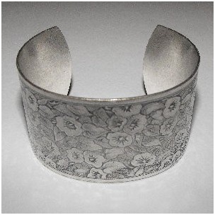 Floral Pattern 37mm Wide Cuff Oxidized Silver