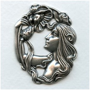 Art Nouveau Girl with Flowers Oxidized Silver 51mm (1)