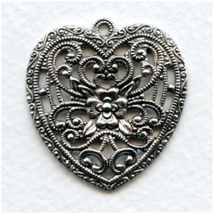 European Made Floral Heart Pendant Oxidized Silver 34mm (1)