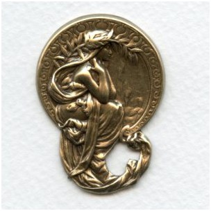 Art Nouveau Maiden Medallion in Oxidized Brass (1)