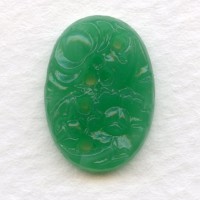 ^Vintage Etched Flowers Jade Green Glass Stone 18x13mm