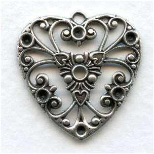 Heart Pendant for Rhinestones Oxidized Silver 27mm (4)