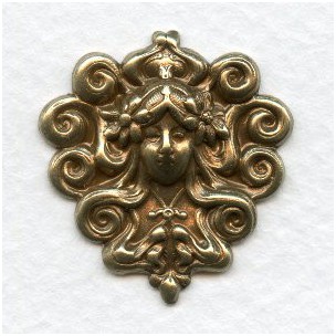 Art Nouveau Styled Face With Flowing Hair Brass 28mm