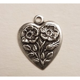 Heart and Flowers 16mm Charm Oxidized Silver (12) #CC37
