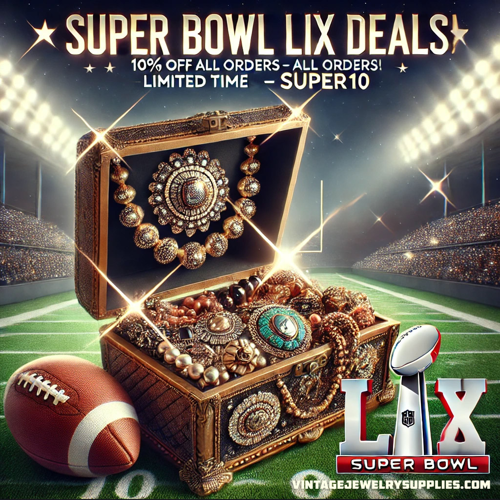 VintageJewelrySupplies.com - Super Bowl LIX SUPER10 - A high-energy promotional banner for a Super Bowl LIX-themed vintage jewelry sale. The design features an antique jewelry box open on a football field