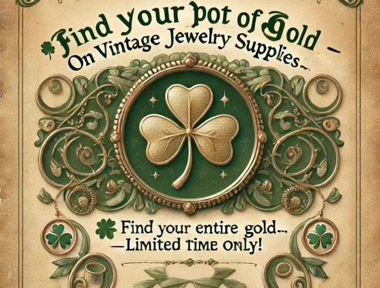 Vintage-inspired St. Patrick’s Day sale banner for VintageJewelrySupplies.com, featuring an elegant aged parchment background with soft green hues, Celtic patterns, and gold accents. The text highlights a 10% discount on vintage jewelry supplies with the code LUCKY10.