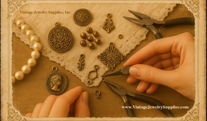 Hands making jewelry with vintage brass charms and pearls – Pre-Fall Sale at VintageJewelrySupplies.com