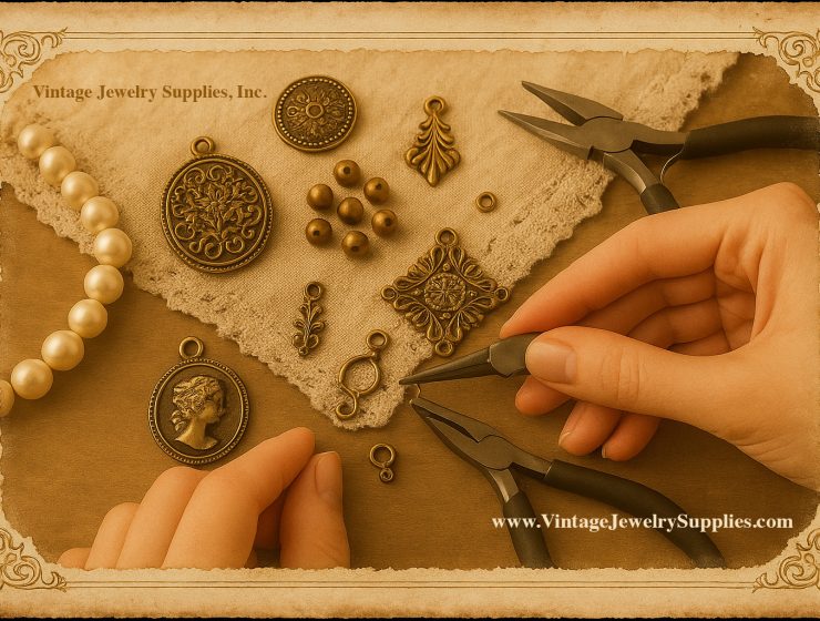 Hands making jewelry with vintage brass charms and pearls – Pre-Fall Sale at VintageJewelrySupplies.com