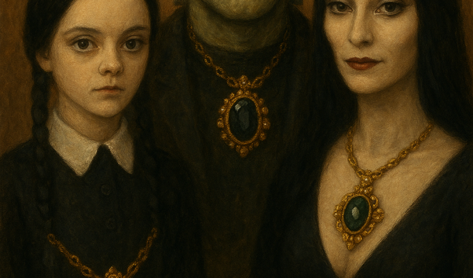 Vintage-inspired Halloween portrait featuring ornate gold necklaces and dark attire — highlighting handcrafted jewelry elegance.