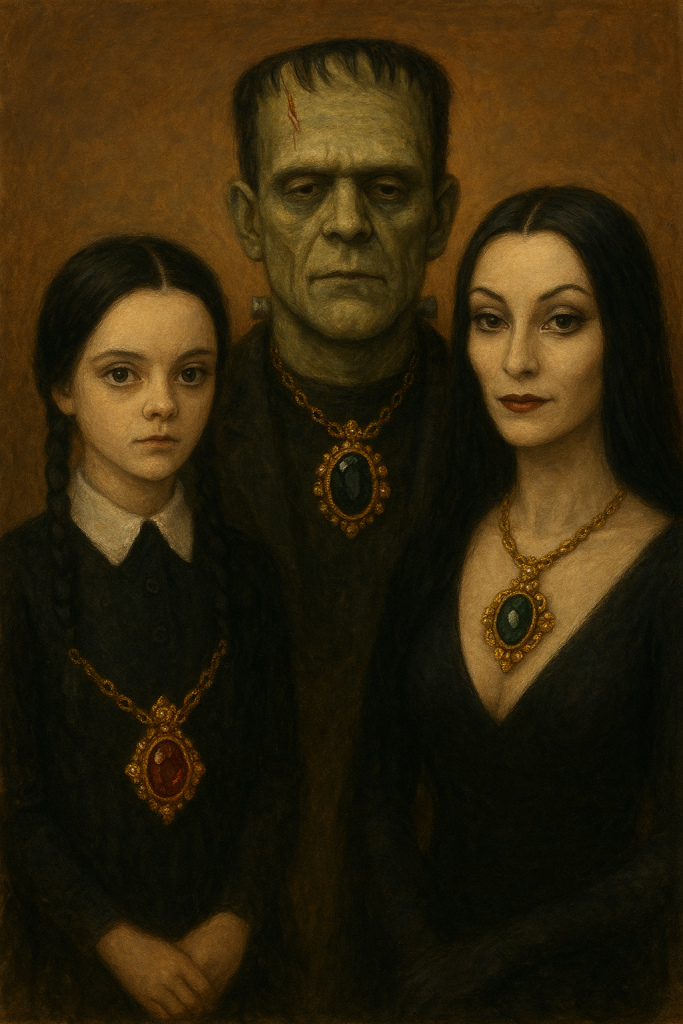 Vintage-inspired Halloween portrait featuring ornate gold necklaces and dark attire โ highlighting handcrafted jewelry elegance.