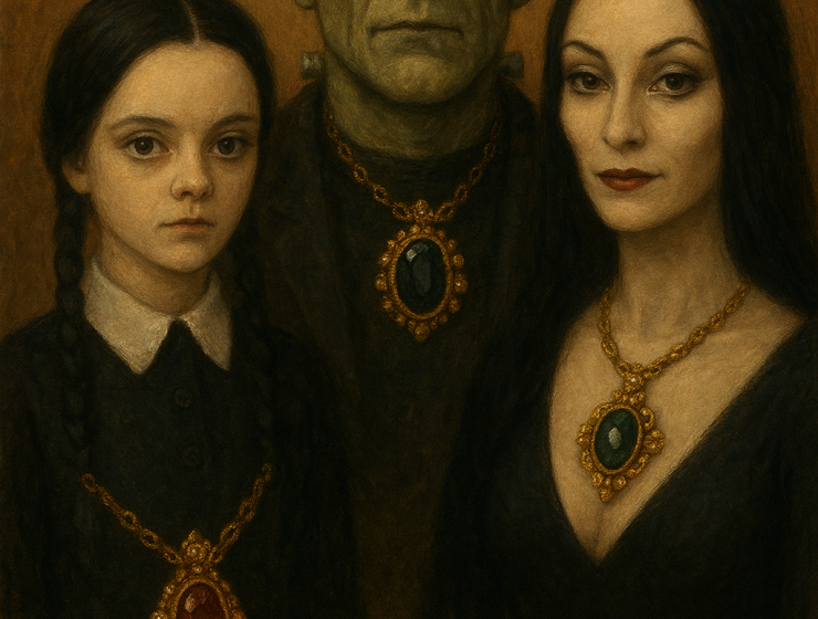 Vintage-inspired Halloween portrait featuring ornate gold necklaces and dark attire — highlighting handcrafted jewelry elegance.