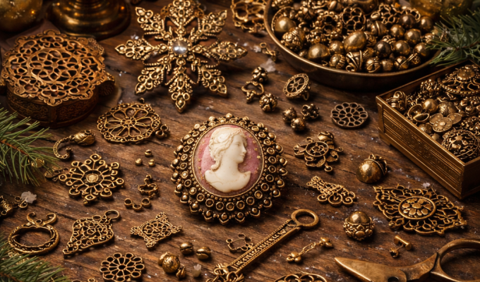 Vintage jewelry findings and brass charms arranged on a wooden table with candlelight and holiday greenery
