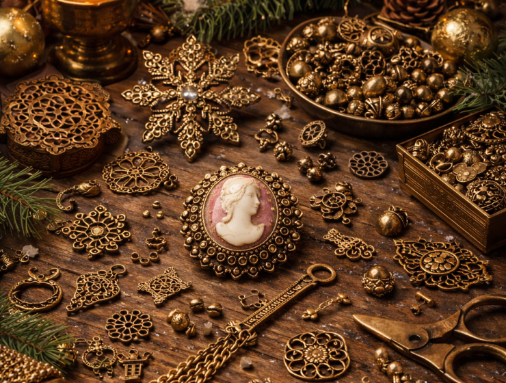 Vintage jewelry findings and brass charms arranged on a wooden table with candlelight and holiday greenery