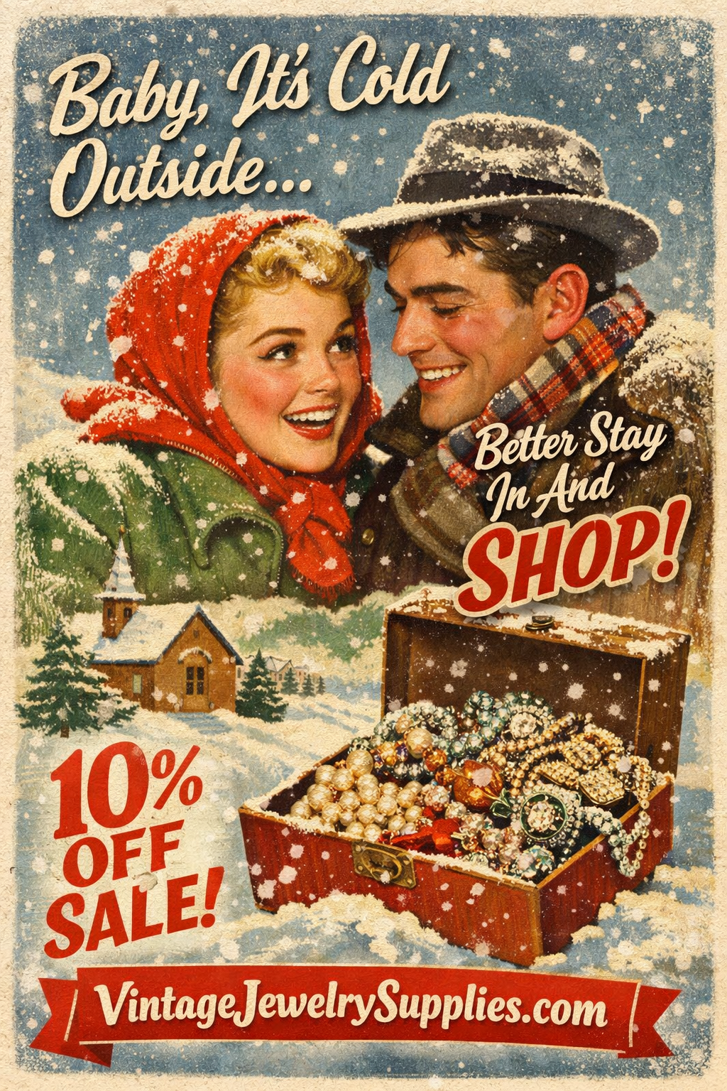 Vintage winter-themed jewelry supplies sale featuring a snowy scene and a jewelry chest with necklaces and beads, advertising 10% off.