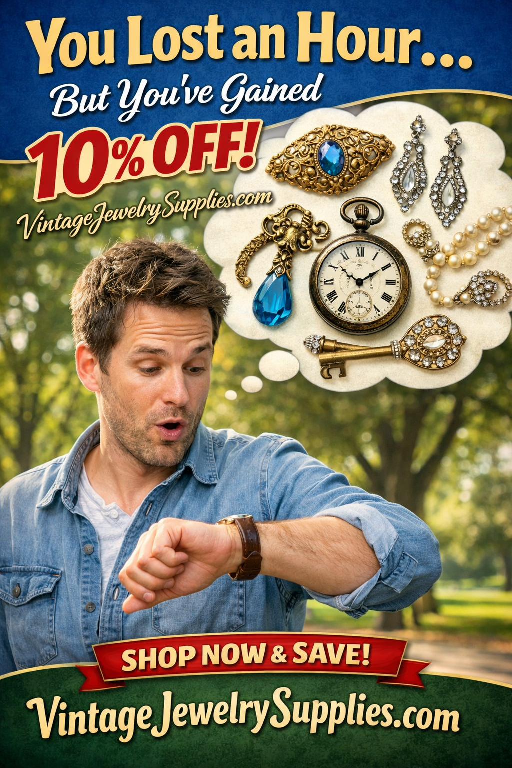 Daylight savings themed sale offering 10 percent off vintage jewelry supplies