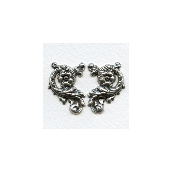 Ornate Floral Right and Left Flourishes Oxidized Silver