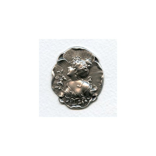 Victorian Maiden Cameo Oxidized Silver 40x35mm