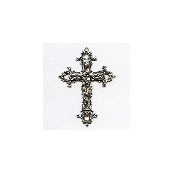 Ornate Floral Cross Pendant 77mm Oxidized Silver (1)