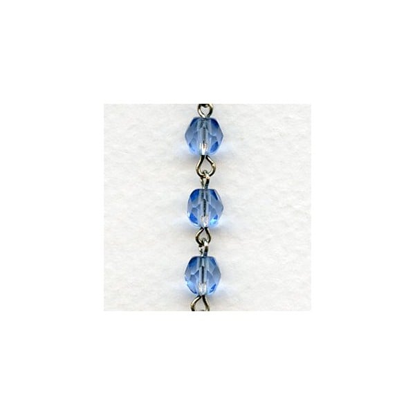^Light Sapphire 6mm Faceted Beads Rosary Chain Silver Linkage (1 ft)