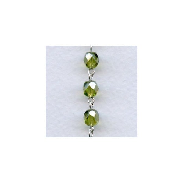 ^Olive Luster 6mm Faceted Beads Rosary Chain Silver Linkage (1 ft)
