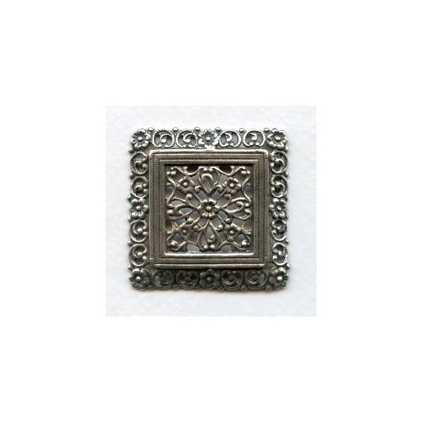 Ornate Floral Square 38mm Oxidized Silver Stamping (1)