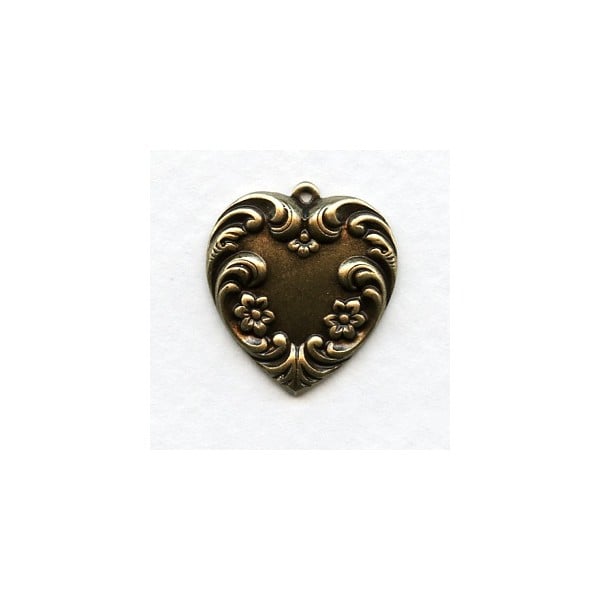 Floral Detail Heart Pendants Oxidized Brass 21mm (2)