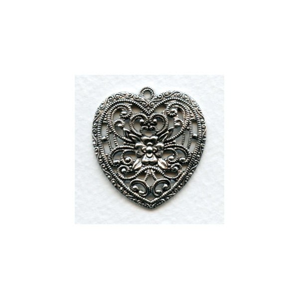 European Made Floral Heart Pendant Oxidized Silver 34mm (1)