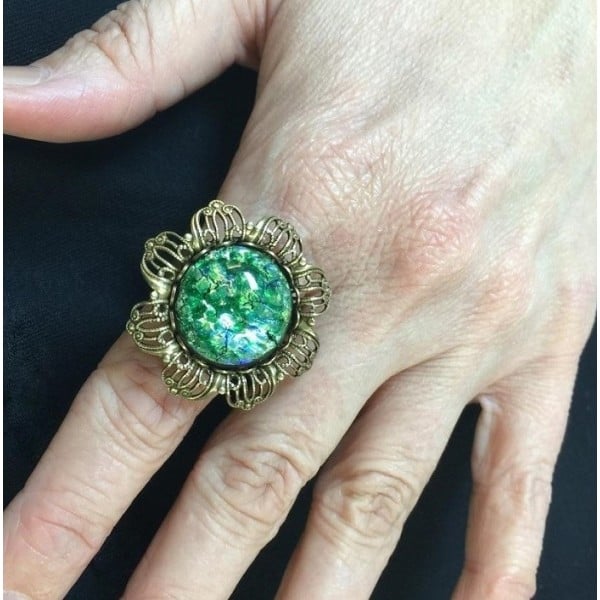 Adjustable Ring with Filigree Flower Setting Oxidized Brass (1) - Image 5