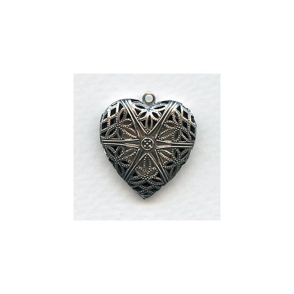 ^Plain Back Heart Shape Filigree Locket Oxidized Silver 28mm (1)