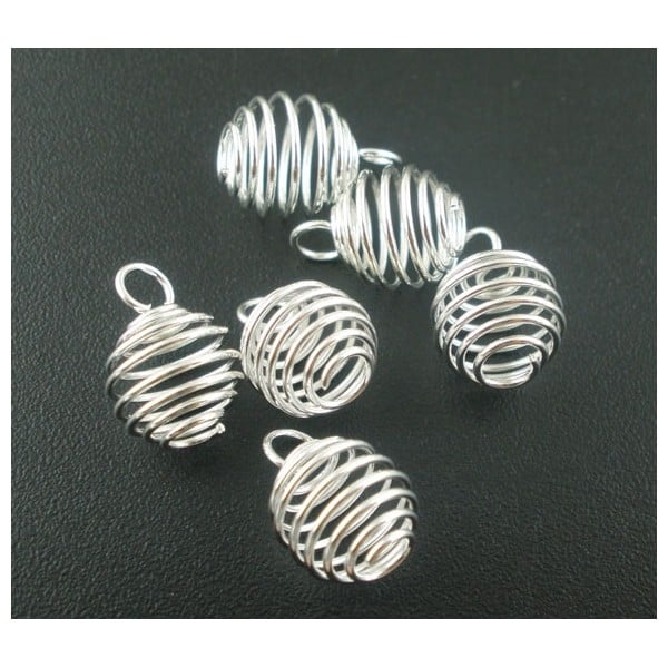 Bright Silver Plated Spiral Bead Cages Pendants 12x9mm (4)