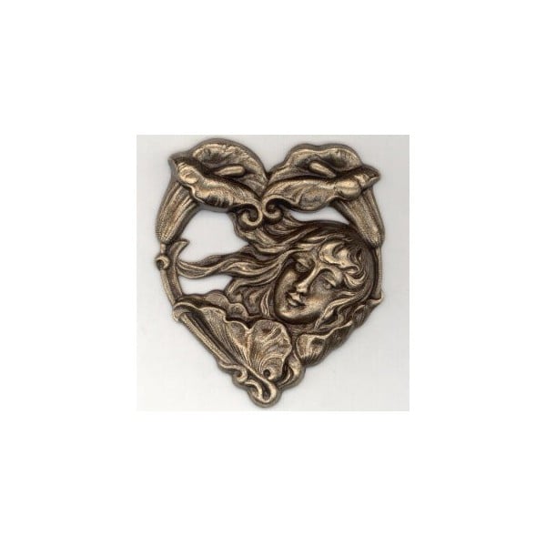 Art Nouveau Girl Calla Lilies Stamping Oxidized Brass