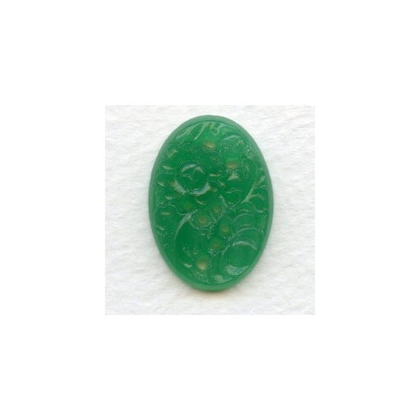 ^Vintage Etched Flowers Jade Green Glass Stone 25x18mm