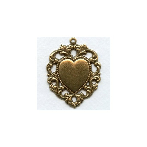 Floral Edged Heart Pendant with Loop Oxidized Brass