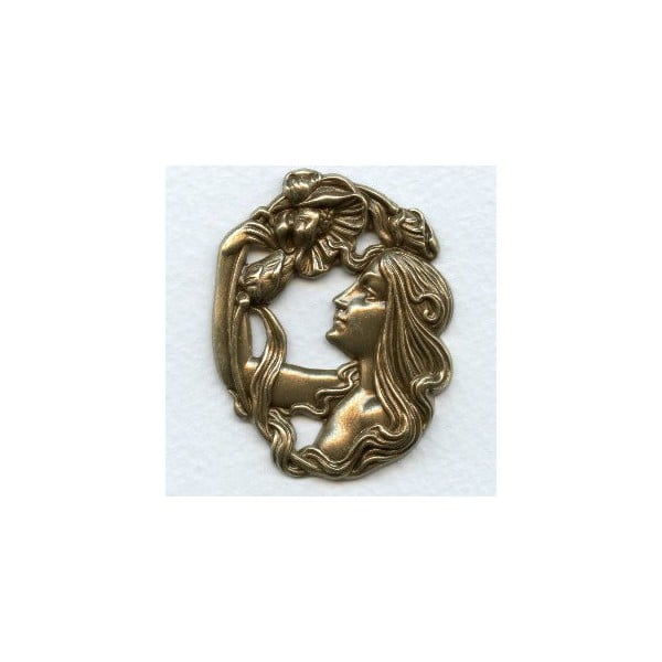 Art Nouveau Girl with Flowers Oxidized Brass 51mm (1)
