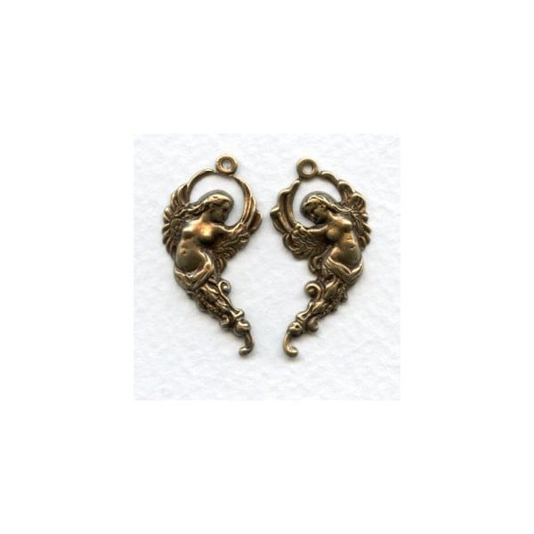 Winged Goddesses Right/Left with Loops Oxidized Brass (1 set)